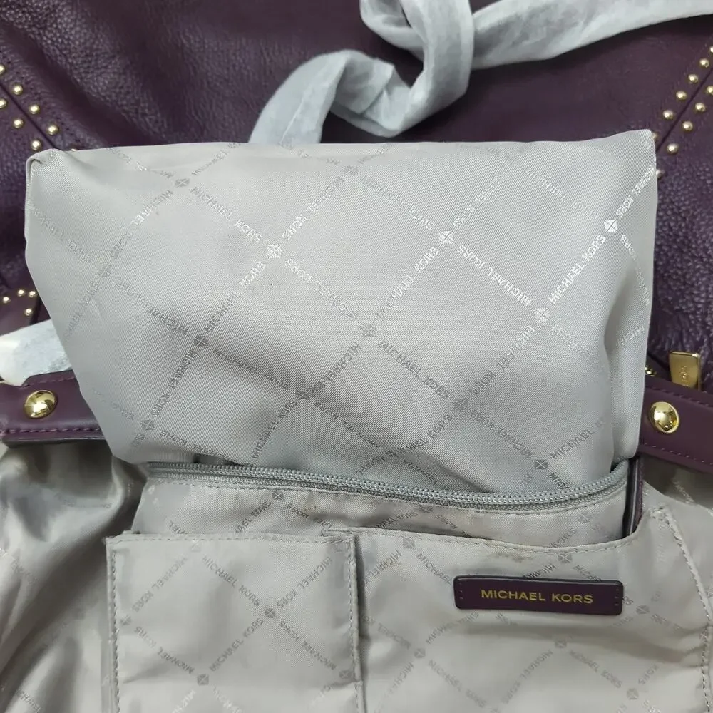 Michael Kors Aria Purple Pebbled Leather Studded Zipper Closure Shoulder Bag